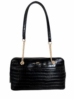 DKNY Croc Embossed Shoulder Bag Black Gold Hardware NWOT